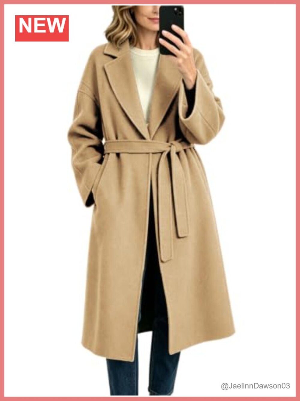 Women's Oversized Wool Blend Maxi Trench Coat Belted Notch Lapel Overcoat
